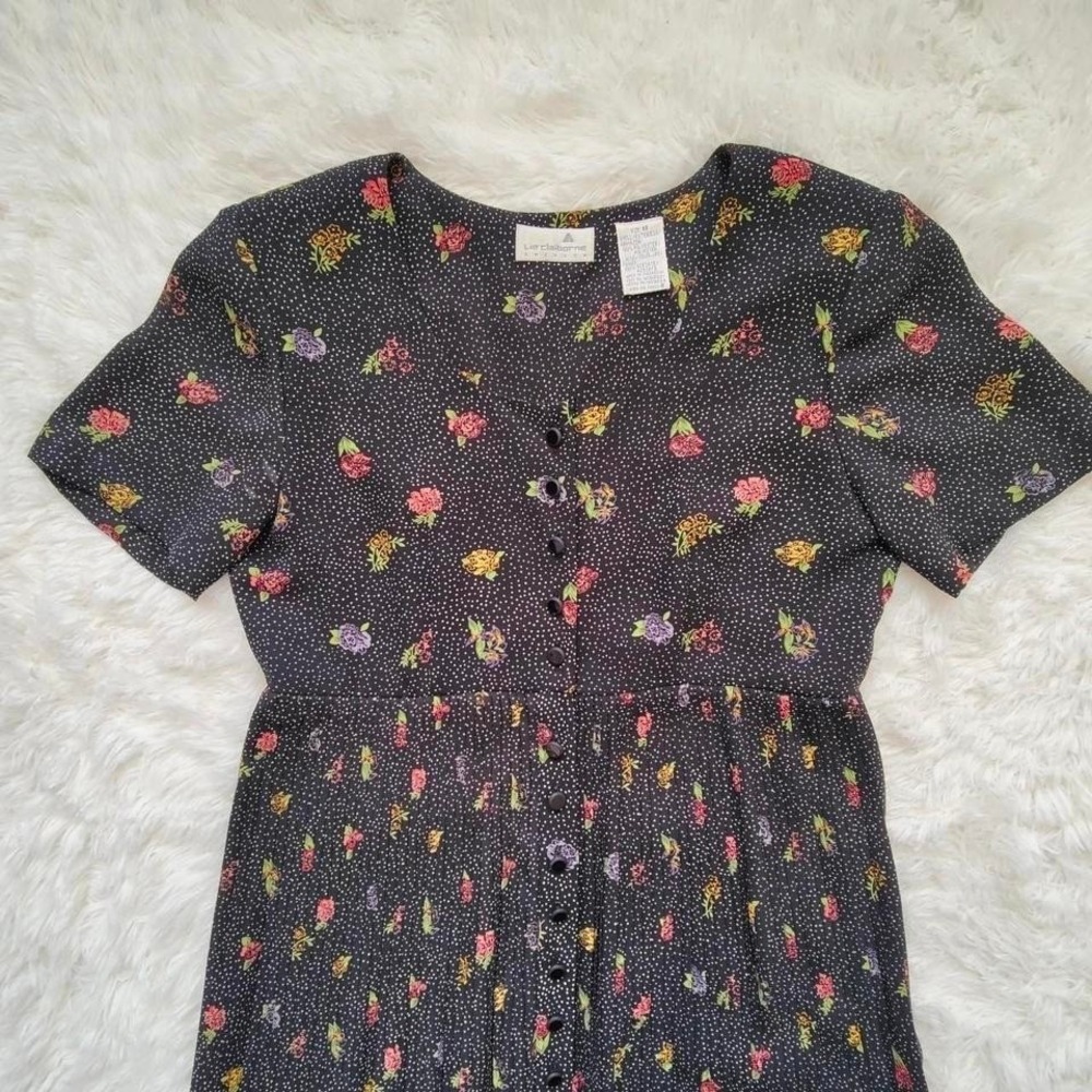 Vtg Liz Claiborne Babydoll Maxi‎ Dress Black Polka Dot Ditsy Floral Whimsigoth 8 - Picture 2 of 8